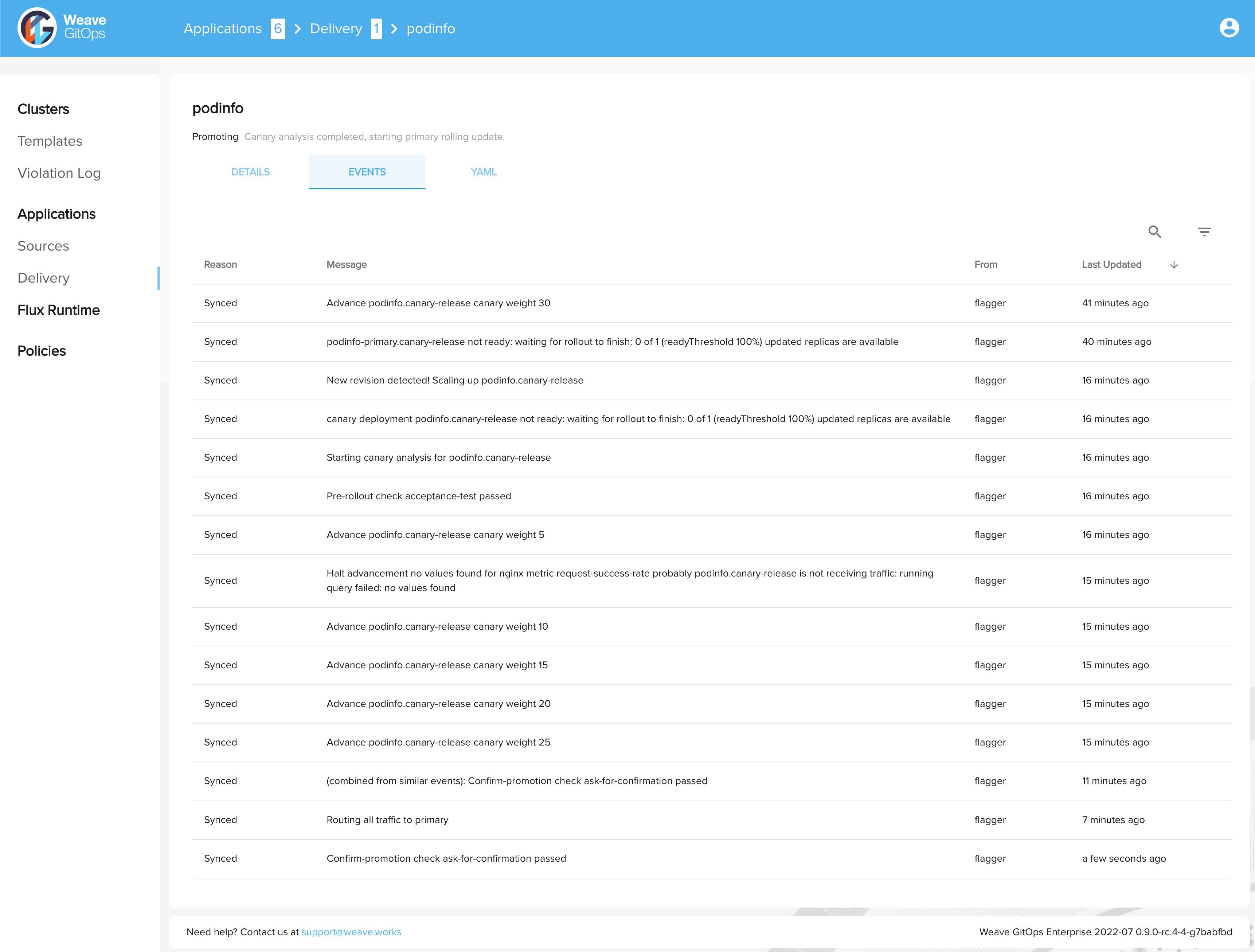 Podinfo Canary succeeded - full events history